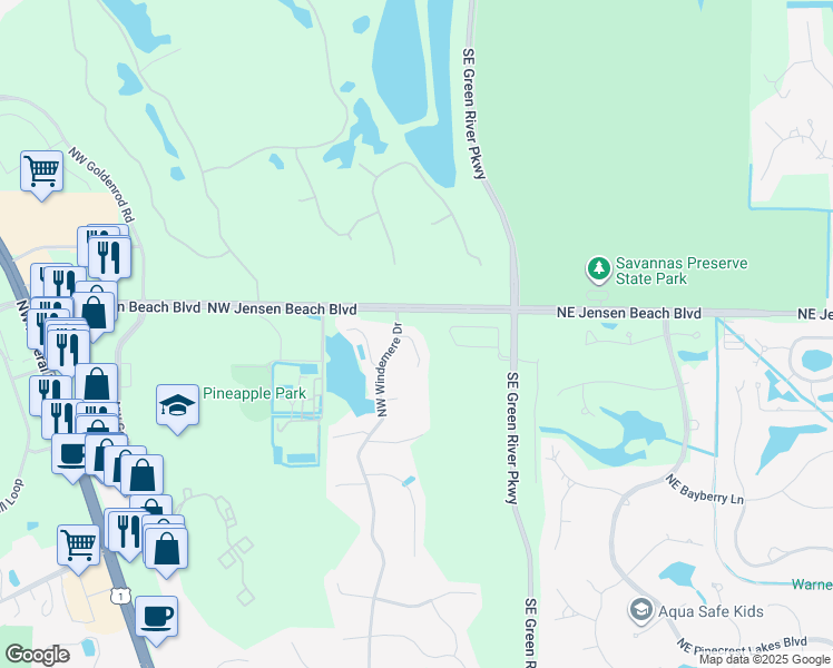 map of restaurants, bars, coffee shops, grocery stores, and more near 387 Northwest Bayonet Place in Jensen Beach