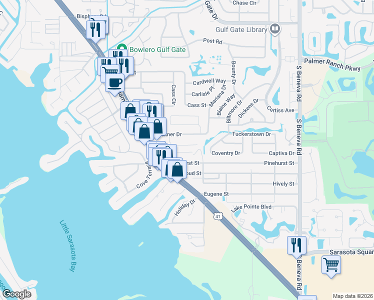 map of restaurants, bars, coffee shops, grocery stores, and more near 2047 Kai Drive in Sarasota