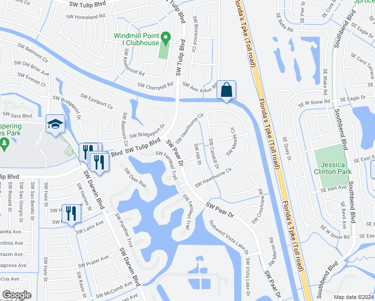 map of restaurants, bars, coffee shops, grocery stores, and more near 3320 Southwest Blue Court in Port Saint Lucie