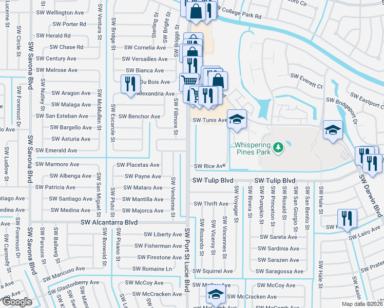 map of restaurants, bars, coffee shops, grocery stores, and more near 3349 Southwest Port Saint Lucie Boulevard in Port St. Lucie