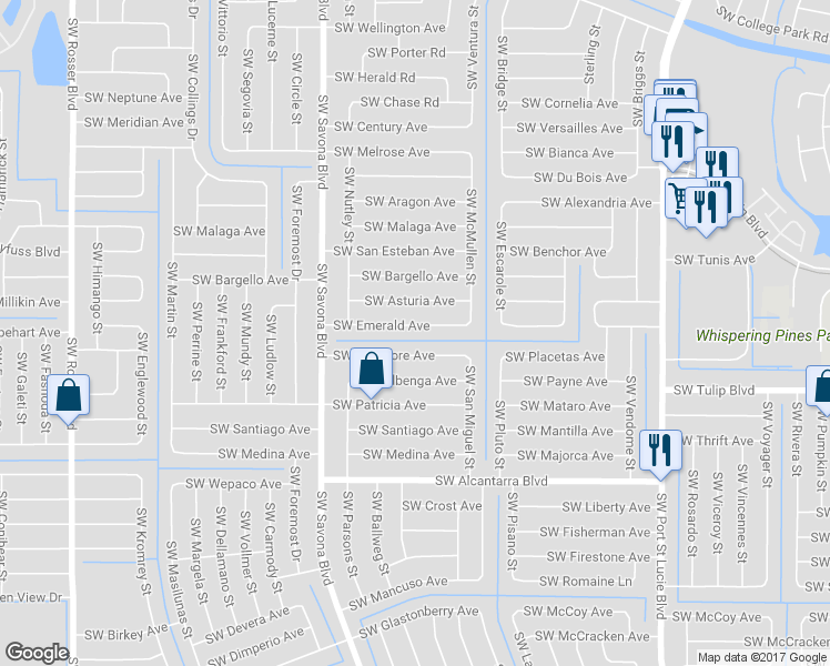 map of restaurants, bars, coffee shops, grocery stores, and more near 1234 Southwest Emerald Avenue in Port St. Lucie