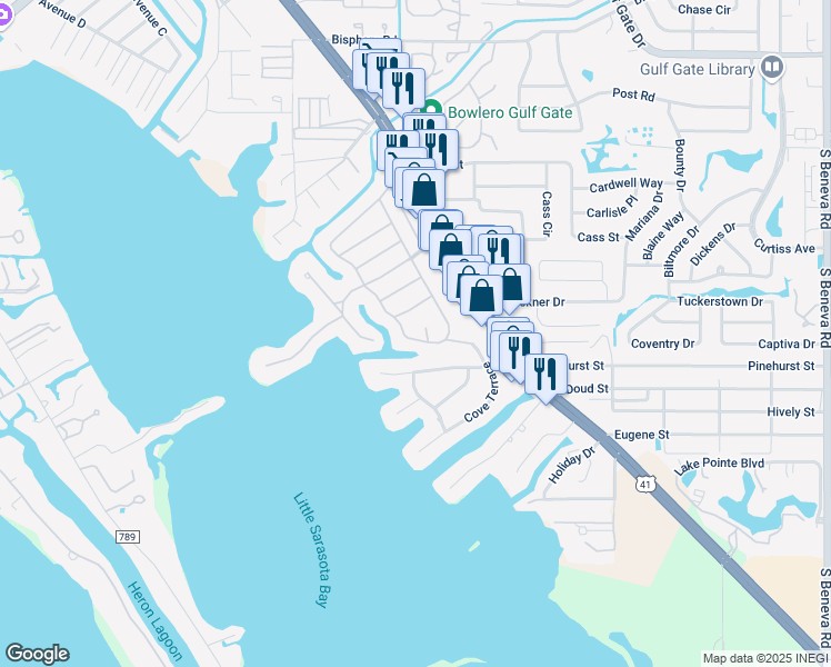 map of restaurants, bars, coffee shops, grocery stores, and more near 7513 Cove Terrace in Sarasota