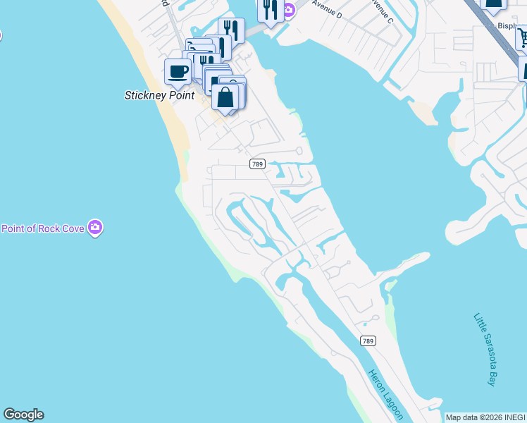 map of restaurants, bars, coffee shops, grocery stores, and more near 7236 Pine Needle Road in Sarasota