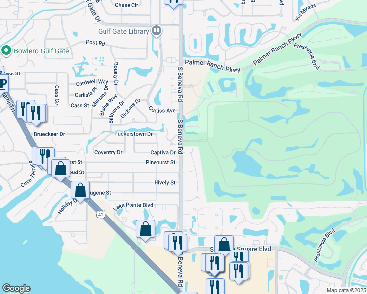 map of restaurants, bars, coffee shops, grocery stores, and more near 7551 South Beneva Road in Sarasota