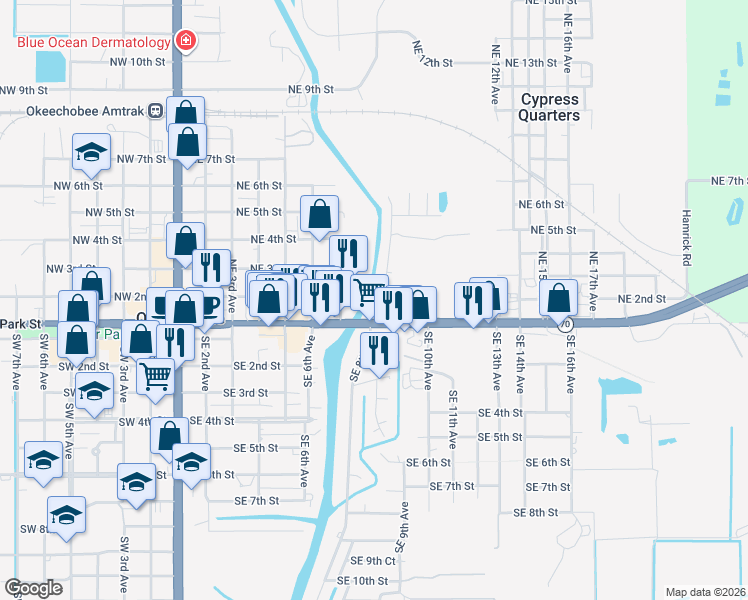 map of restaurants, bars, coffee shops, grocery stores, and more near 101 NE 8th Ave in Okeechobee