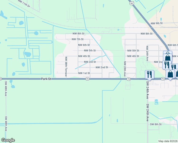 map of restaurants, bars, coffee shops, grocery stores, and more near 3435 Northwest 1st Street in Okeechobee