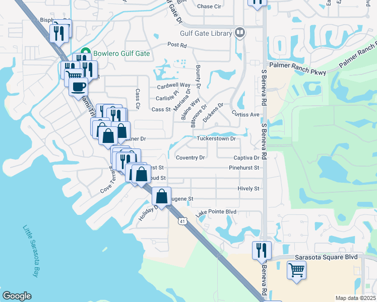 map of restaurants, bars, coffee shops, grocery stores, and more near 2715 Coventry Drive in Sarasota