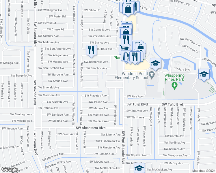 map of restaurants, bars, coffee shops, grocery stores, and more near 997 South Globe Avenue in Port St. Lucie