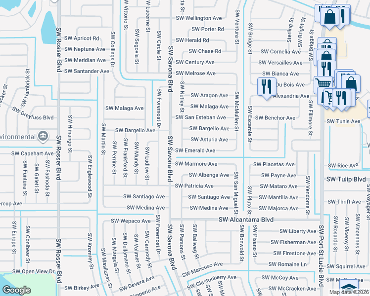 map of restaurants, bars, coffee shops, grocery stores, and more near 1269 Southwest Emerald Avenue in Port St. Lucie