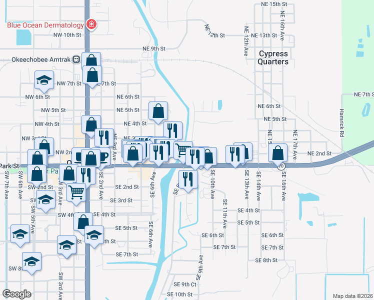 map of restaurants, bars, coffee shops, grocery stores, and more near 101 Northeast 8th Avenue in Okeechobee