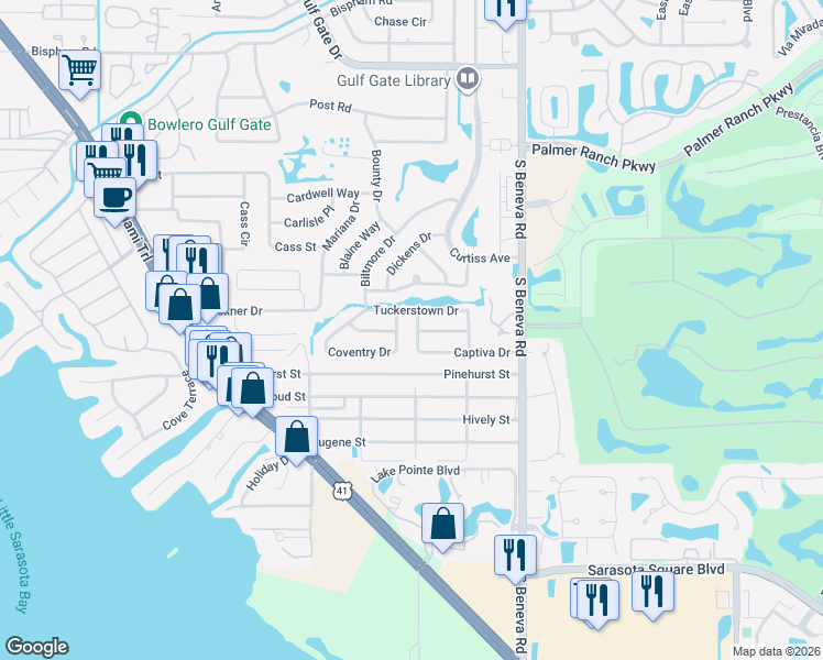 map of restaurants, bars, coffee shops, grocery stores, and more near 2852 Captiva Drive in Sarasota