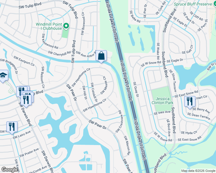 map of restaurants, bars, coffee shops, grocery stores, and more near 154 Southwest Hawthorne Circle in Port St. Lucie