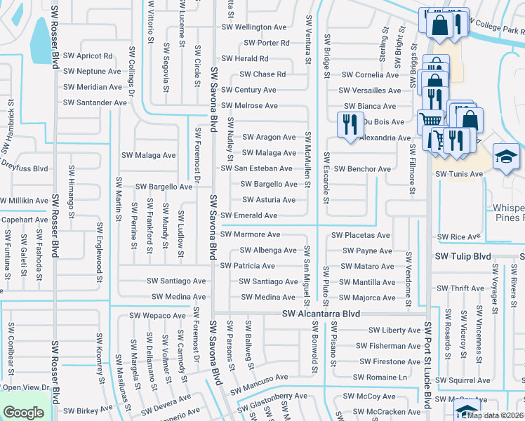 map of restaurants, bars, coffee shops, grocery stores, and more near 1234 Southwest Emerald Avenue in Port St. Lucie