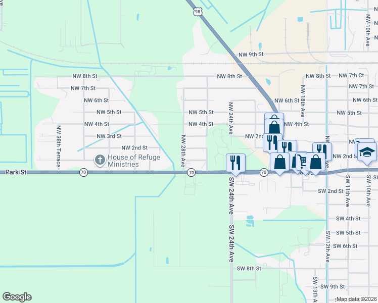 map of restaurants, bars, coffee shops, grocery stores, and more near 26 Northwest 1st Street in Okeechobee
