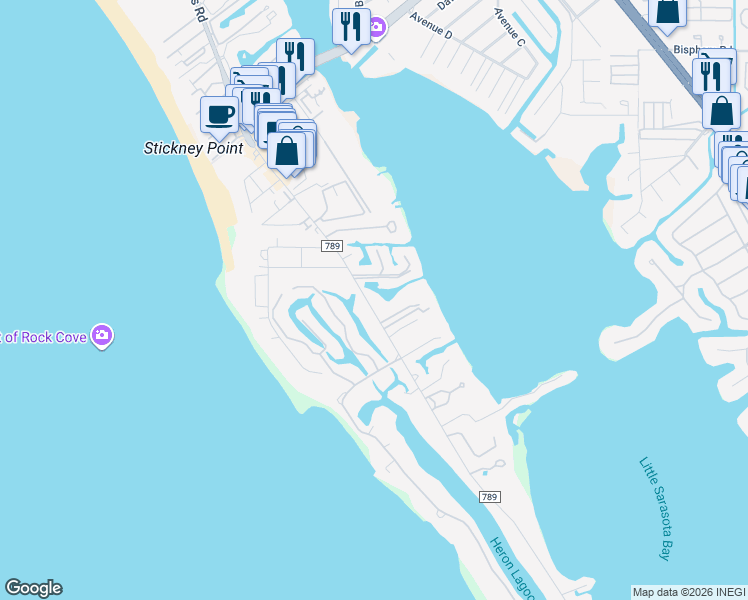 map of restaurants, bars, coffee shops, grocery stores, and more near 7208 Melaleuca Way in Sarasota