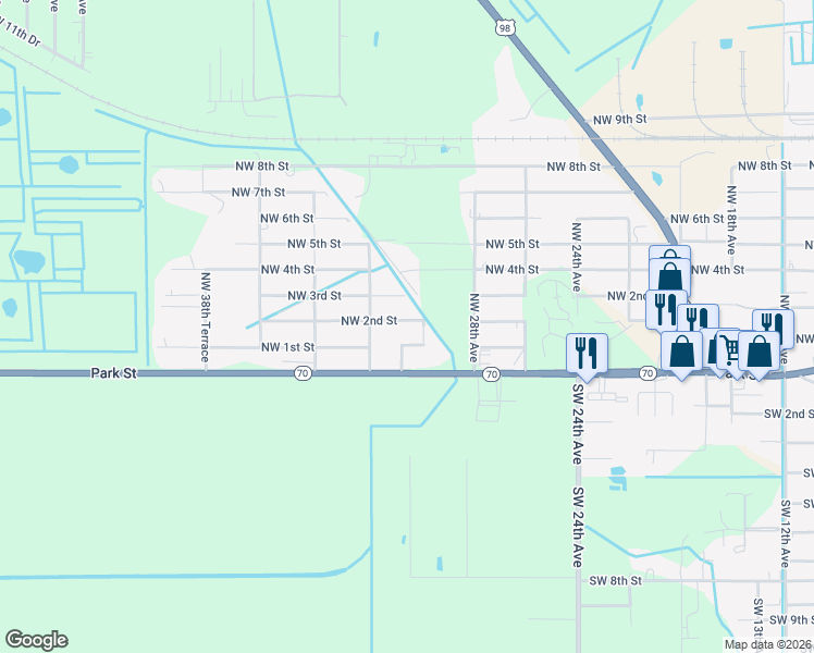 map of restaurants, bars, coffee shops, grocery stores, and more near 83 Northwest 30th Terrace in Okeechobee