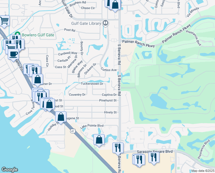 map of restaurants, bars, coffee shops, grocery stores, and more near 2876 Hardee Drive in Sarasota