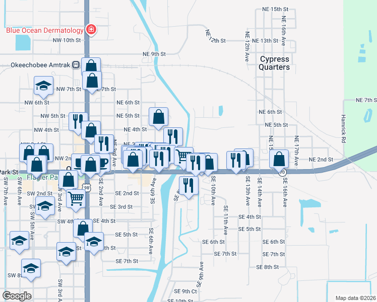 map of restaurants, bars, coffee shops, grocery stores, and more near 205 Northeast 8th Avenue in Okeechobee