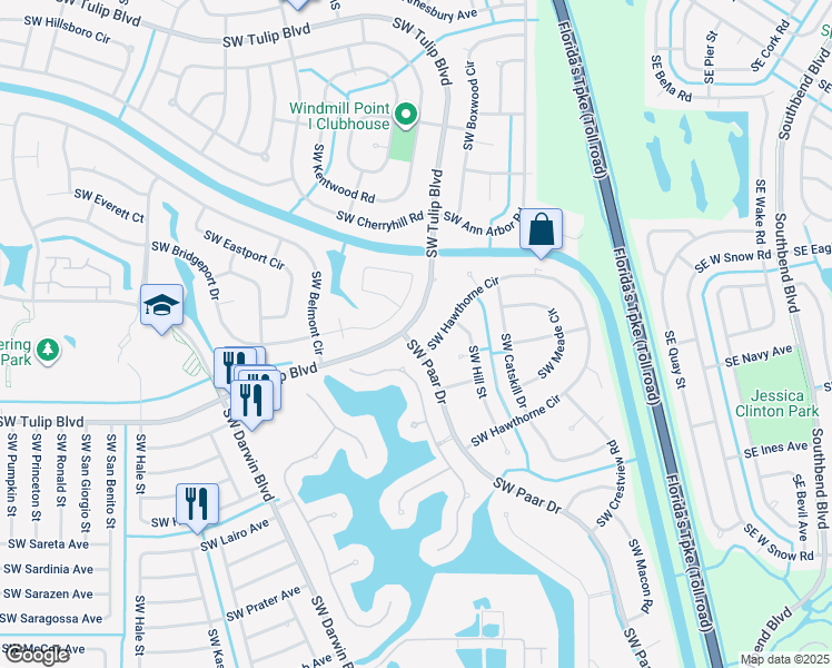 map of restaurants, bars, coffee shops, grocery stores, and more near 482 Southwest Tulip Boulevard in Port St. Lucie
