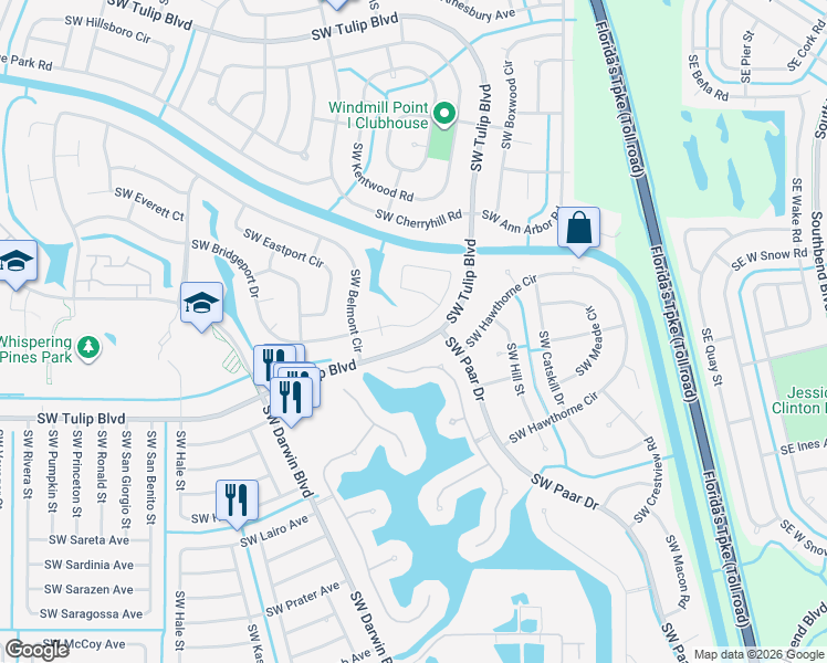 map of restaurants, bars, coffee shops, grocery stores, and more near 298 Southwest Bridgeport Drive in Port St. Lucie