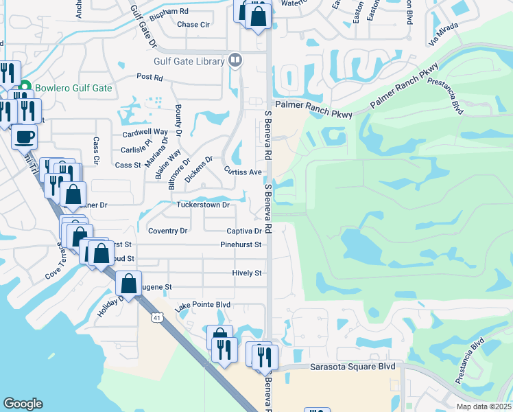 map of restaurants, bars, coffee shops, grocery stores, and more near 2925 Captiva Gardens Drive in Sarasota