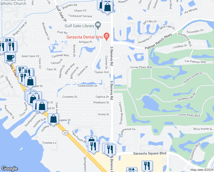 map of restaurants, bars, coffee shops, grocery stores, and more near 2925 Captiva Gardens Drive in Sarasota