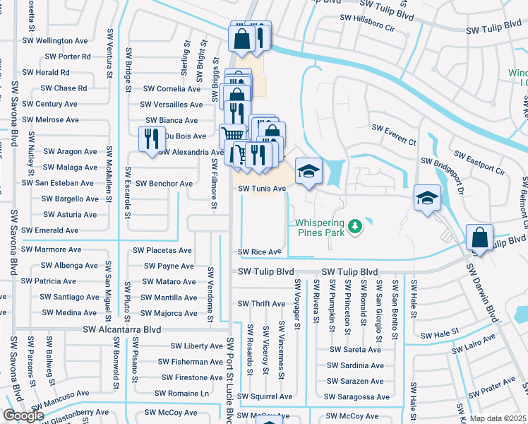 map of restaurants, bars, coffee shops, grocery stores, and more near 3300 Southwest Chartwell Street in Port St. Lucie