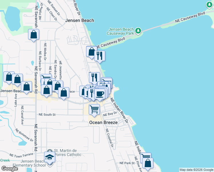 map of restaurants, bars, coffee shops, grocery stores, and more near 1980 Northeast Church Street in Jensen Beach