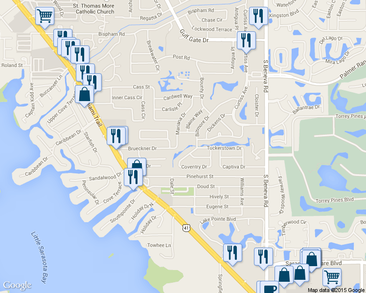map of restaurants, bars, coffee shops, grocery stores, and more near 7547 Mariana Dr in Sarasota