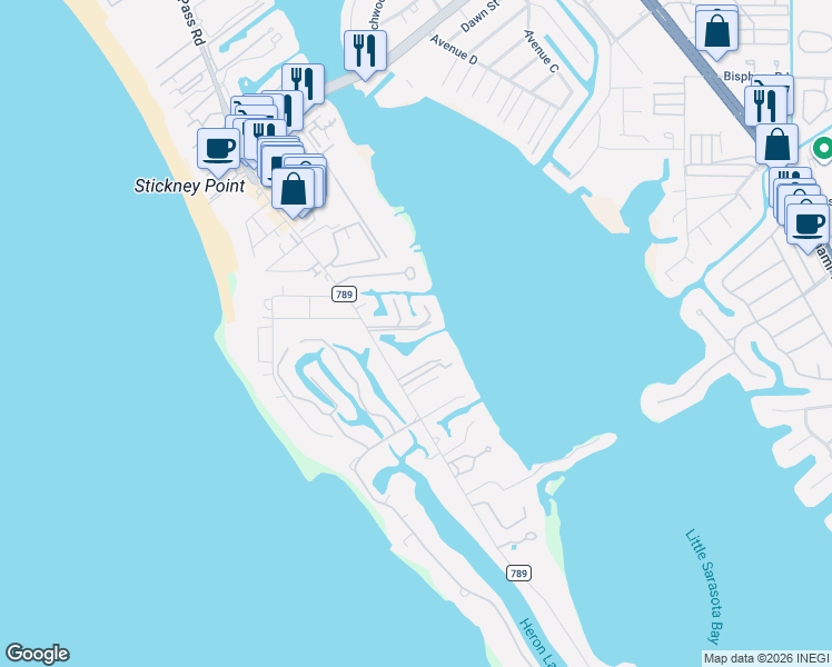 map of restaurants, bars, coffee shops, grocery stores, and more near 1253 North Basin Lane in Sarasota