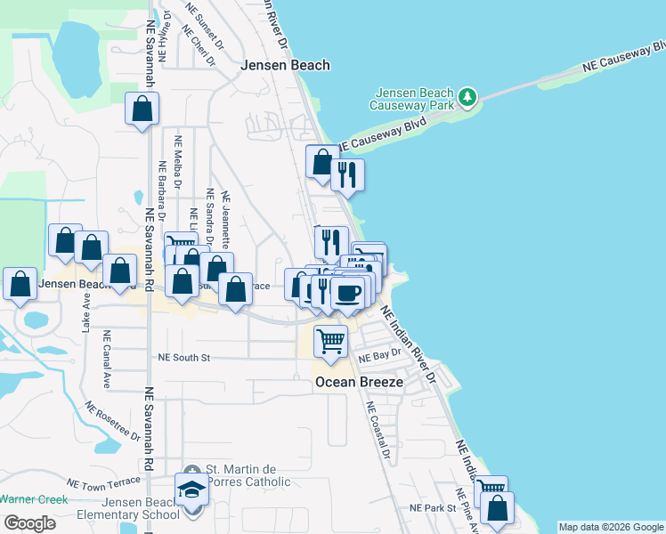 map of restaurants, bars, coffee shops, grocery stores, and more near 1850 Northeast Church Street in Jensen Beach