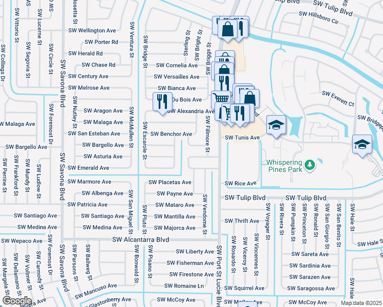 map of restaurants, bars, coffee shops, grocery stores, and more near 997 Southwest North Globe Avenue in Port St. Lucie