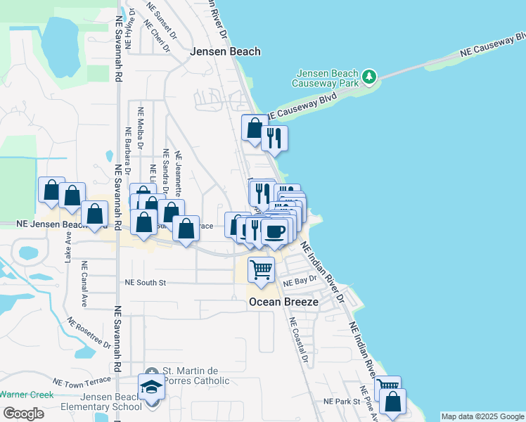 map of restaurants, bars, coffee shops, grocery stores, and more near 1850 Northeast Church Street in Jensen Beach
