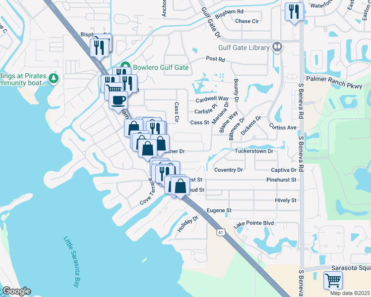 map of restaurants, bars, coffee shops, grocery stores, and more near 2111 Brueckner Drive in Sarasota
