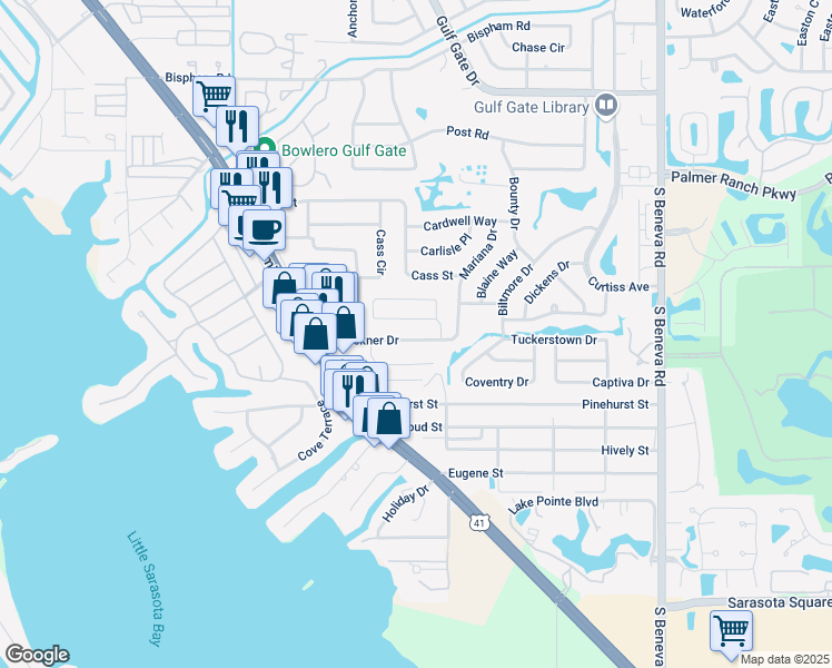 map of restaurants, bars, coffee shops, grocery stores, and more near 2287 Pine View Circle in Sarasota