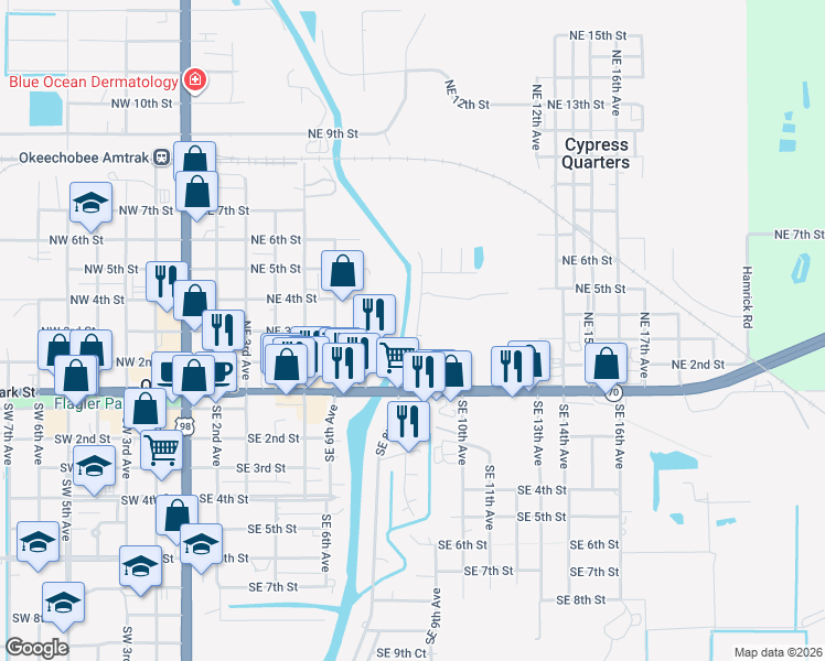 map of restaurants, bars, coffee shops, grocery stores, and more near 205 Northeast 8th Avenue in Okeechobee