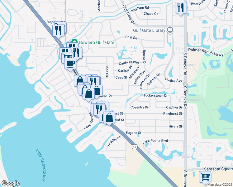 map of restaurants, bars, coffee shops, grocery stores, and more near 2287 Pine View Circle in Sarasota