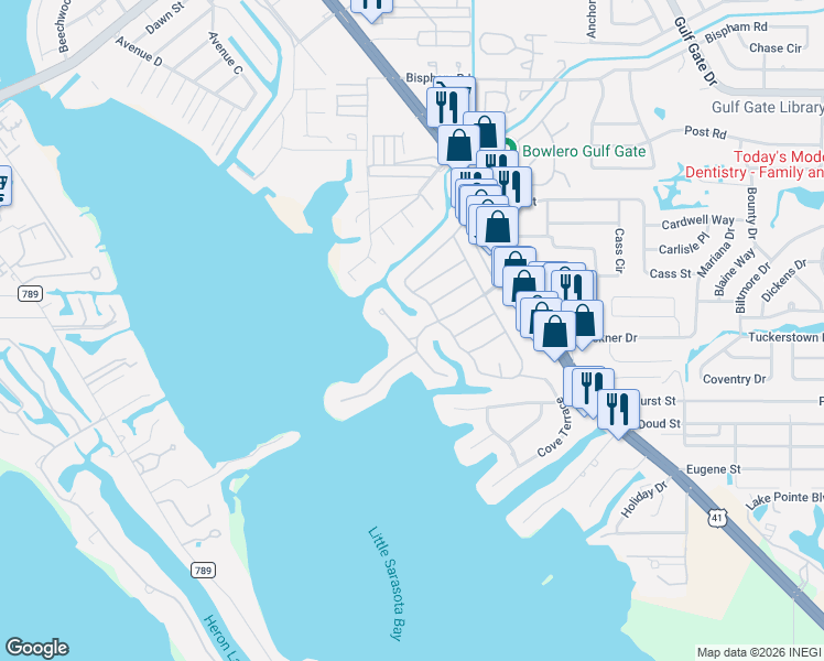 map of restaurants, bars, coffee shops, grocery stores, and more near 1707 Caribbean Drive in Sarasota