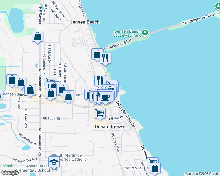 map of restaurants, bars, coffee shops, grocery stores, and more near 1980 Northeast Church Street in Jensen Beach