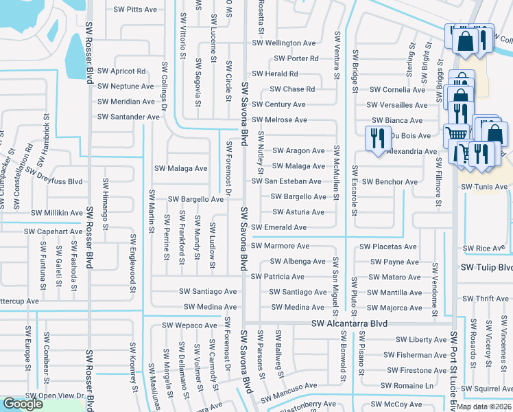 map of restaurants, bars, coffee shops, grocery stores, and more near 3242 Southwest Nutley Street in Port St. Lucie
