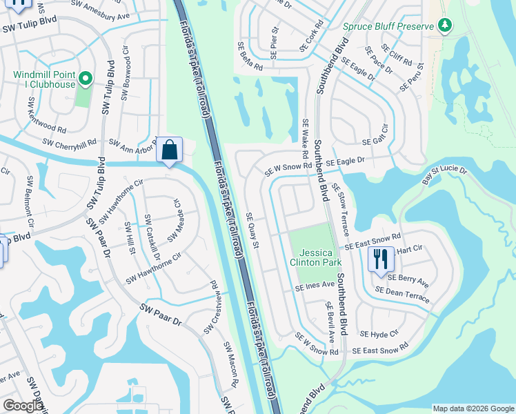 map of restaurants, bars, coffee shops, grocery stores, and more near 3230 Southeast West Snow Road in Port St. Lucie