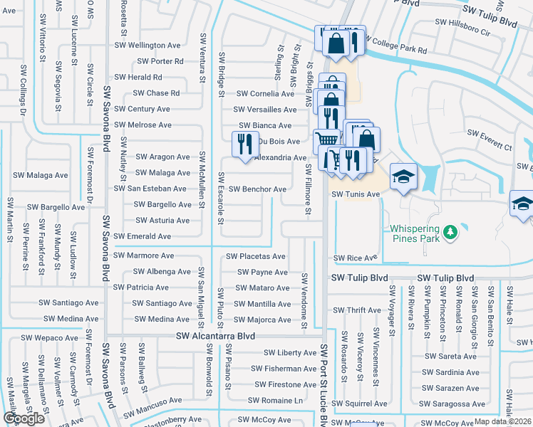 map of restaurants, bars, coffee shops, grocery stores, and more near 3351 Southwest Espanola Street in Port St. Lucie