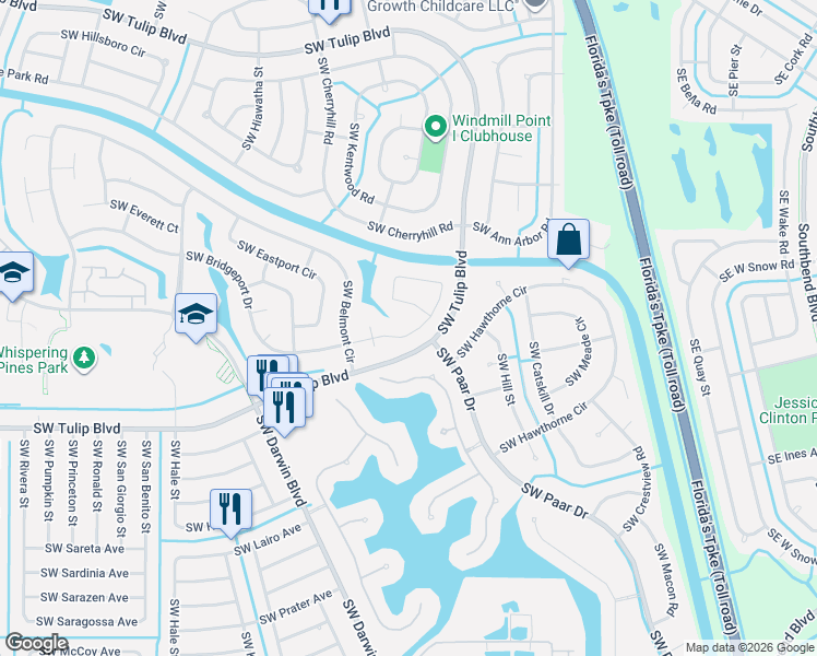 map of restaurants, bars, coffee shops, grocery stores, and more near 297 Southwest Bridgeport Drive in Port St. Lucie