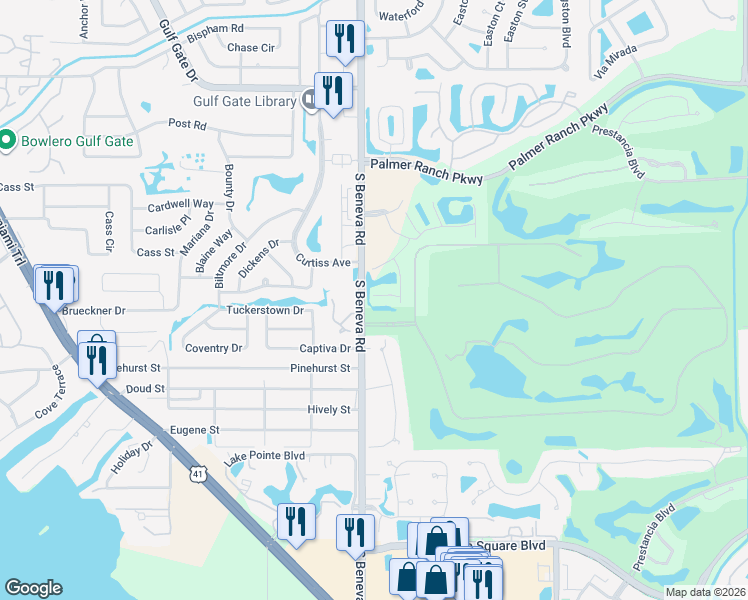 map of restaurants, bars, coffee shops, grocery stores, and more near 3631 Muirfield Drive in Sarasota