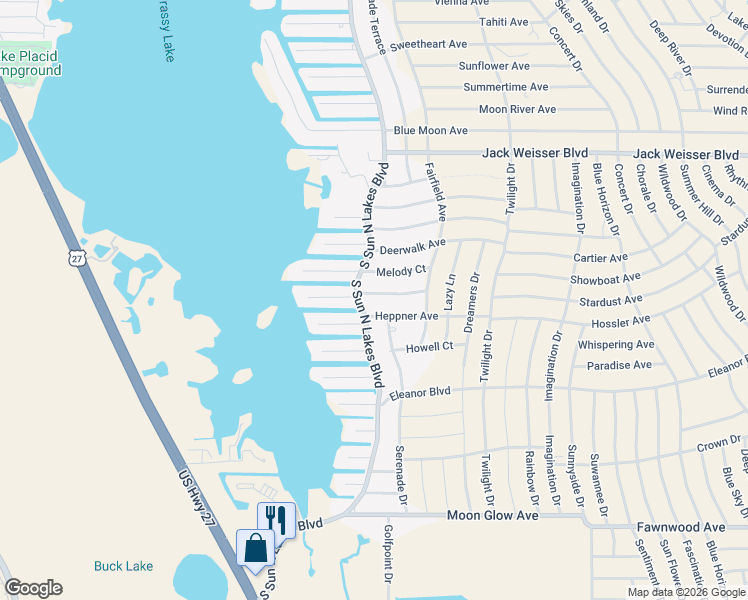 map of restaurants, bars, coffee shops, grocery stores, and more near 351 South Sun North Lakes Boulevard in Lake Placid