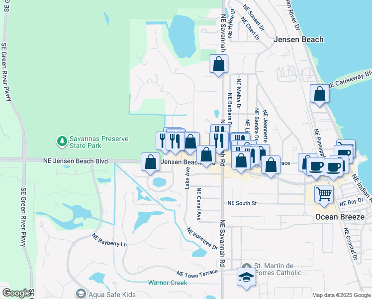 map of restaurants, bars, coffee shops, grocery stores, and more near 3391 Northeast West Court in Jensen Beach