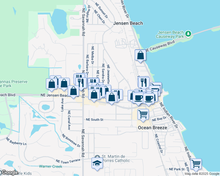 map of restaurants, bars, coffee shops, grocery stores, and more near 3397 Northeast Jeannette Drive in Jensen Beach