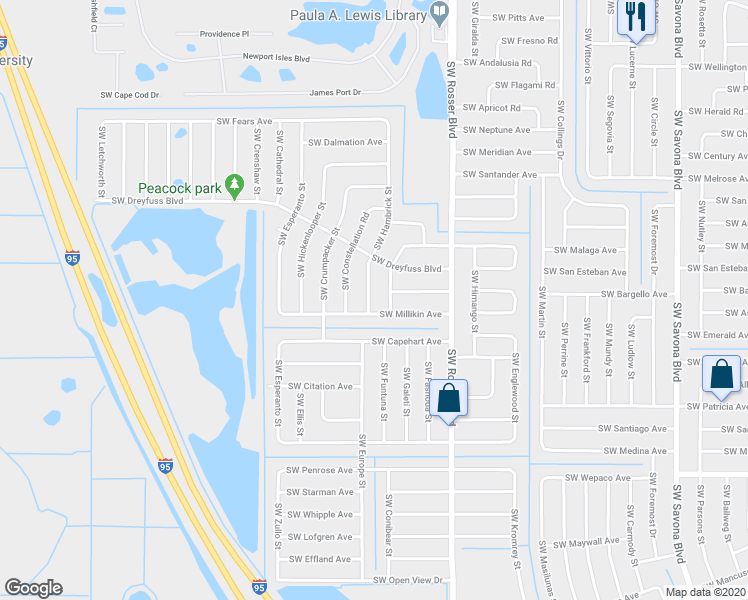 map of restaurants, bars, coffee shops, grocery stores, and more near 3285 Southwest Hambrick Street in Port St. Lucie