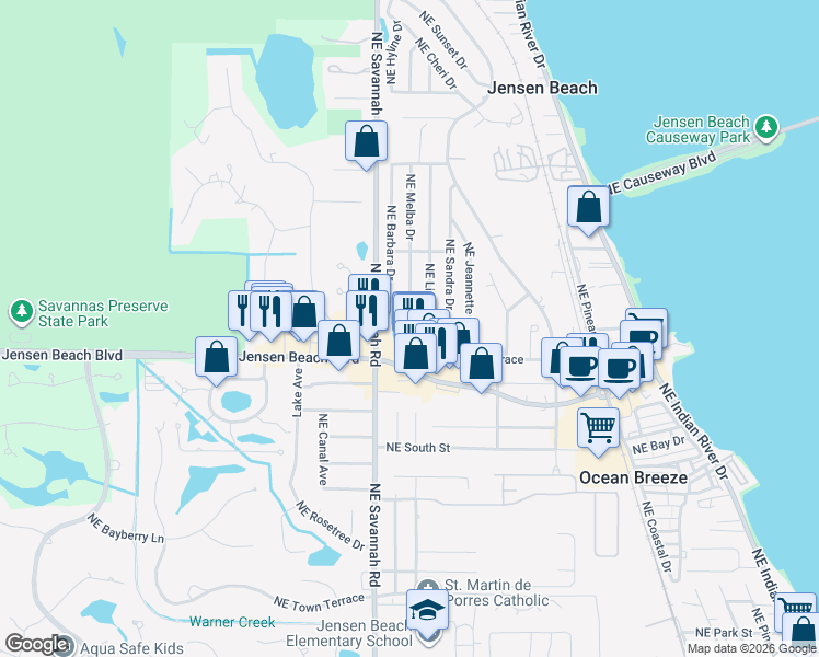 map of restaurants, bars, coffee shops, grocery stores, and more near 3408 Northeast Melba Drive in Jensen Beach