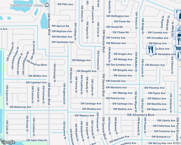 map of restaurants, bars, coffee shops, grocery stores, and more near 1430 Southwest Bargello Avenue in Port St. Lucie